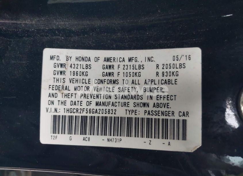 Photo 9 of 2016 Honda Accord SPORT (VIN 1HGCR2F56GA205832)