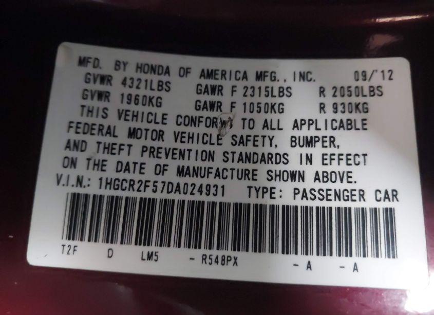 Photo 9 of 2013 Honda Accord SPORT (VIN 1HGCR2F57DA024931)