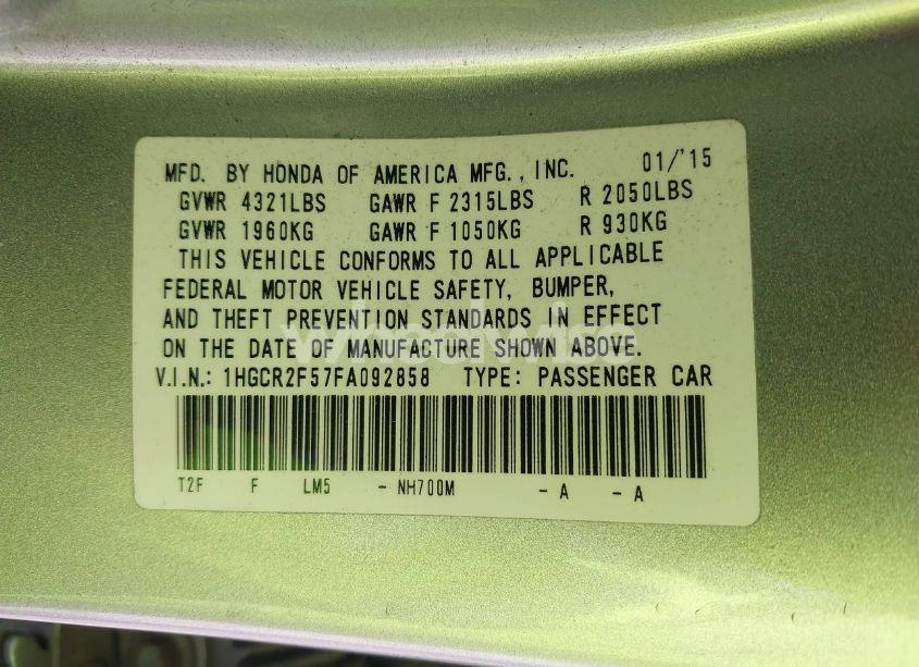 Photo 9 of 2015 Honda Accord SPORT (VIN 1HGCR2F57FA092858)