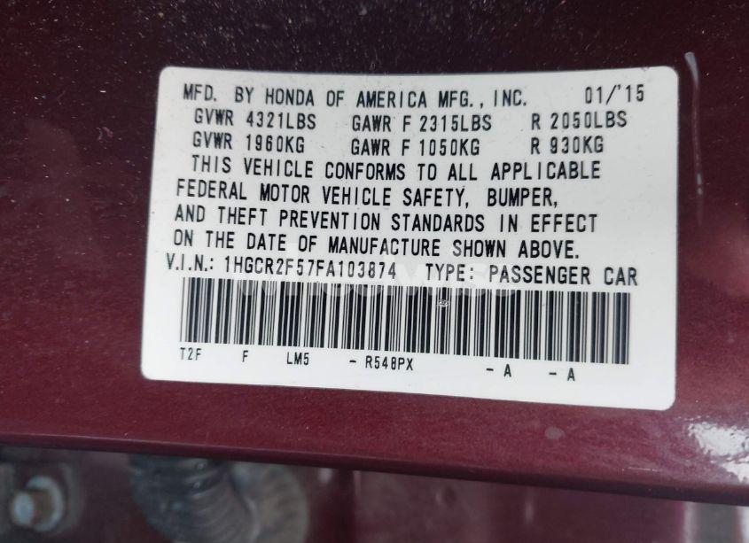 Photo 9 of 2015 Honda Accord SPORT (VIN 1HGCR2F57FA103874)