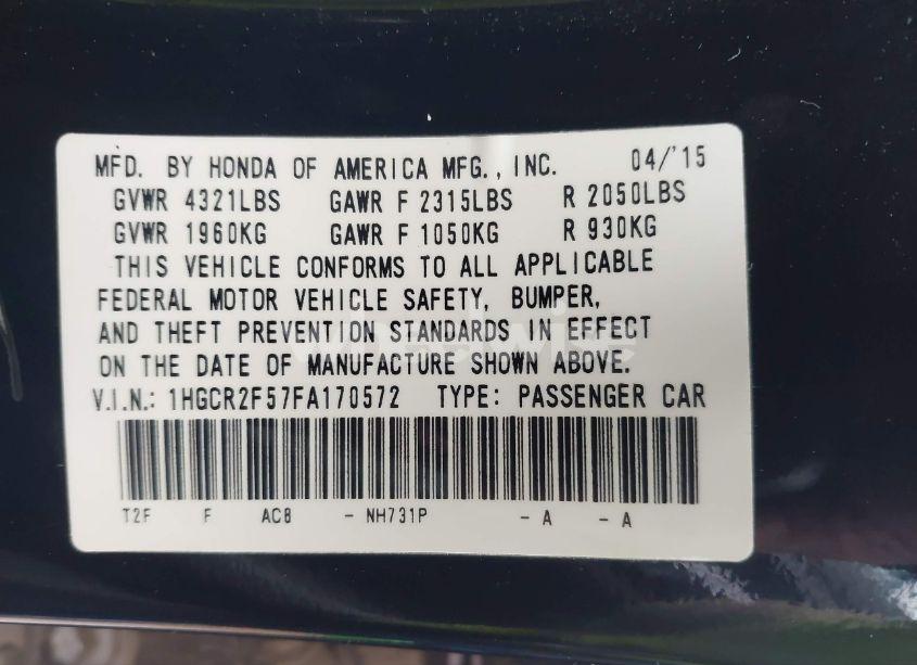 Photo 9 of 2015 Honda Accord SPORT (VIN 1HGCR2F57FA170572)