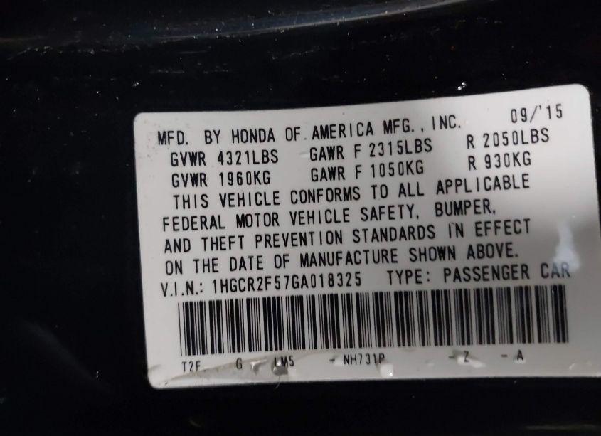 Photo 9 of 2016 Honda Accord SPORT (VIN 1HGCR2F57GA018325)