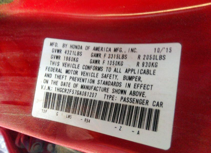 Photo 9 of 2016 Honda Accord SPORT (VIN 1HGCR2F57GA061207)