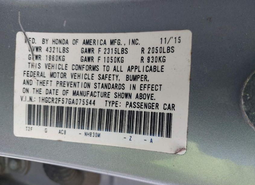 Photo 9 of 2016 Honda Accord SPORT (VIN 1HGCR2F57GA075544)