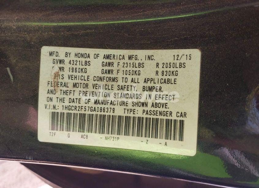 Photo 9 of 2016 Honda Accord SPORT (VIN 1HGCR2F57GA086379)