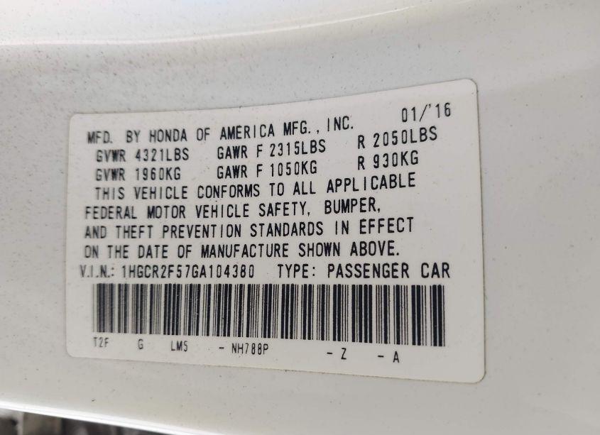 Photo 9 of 2016 Honda Accord SPORT (VIN 1HGCR2F57GA104380)