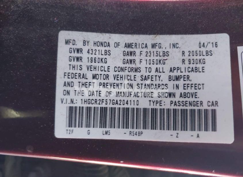 Photo 9 of 2016 Honda Accord SPORT (VIN 1HGCR2F57GA204110)