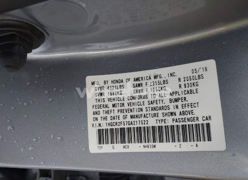 Photo 9 of 2016 Honda Accord SPORT (VIN 1HGCR2F57GA217522)