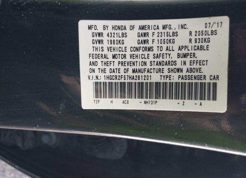 Photo 9 of 2017 Honda Accord SPORT (VIN 1HGCR2F57HA261201)