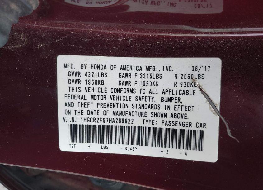 Photo 9 of 2017 Honda Accord SPORT (VIN 1HGCR2F57HA289922)