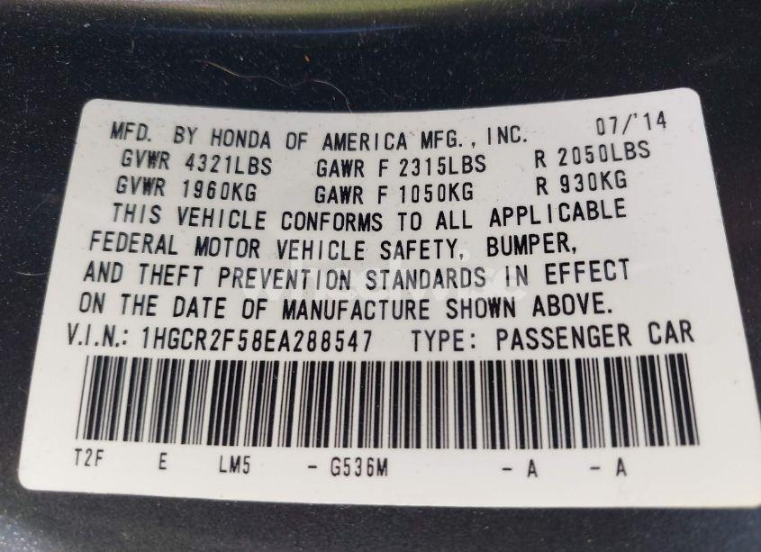 Photo 9 of 2014 Honda Accord SPORT (VIN 1HGCR2F58EA288547)