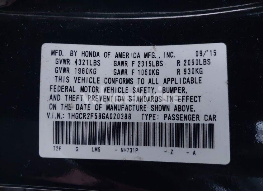 Photo 9 of 2016 Honda Accord SPORT (VIN 1HGCR2F58GA020388)