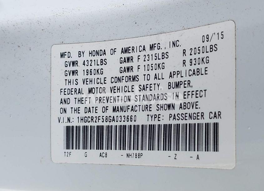 Photo 9 of 2016 Honda Accord SPORT (VIN 1HGCR2F58GA033660)