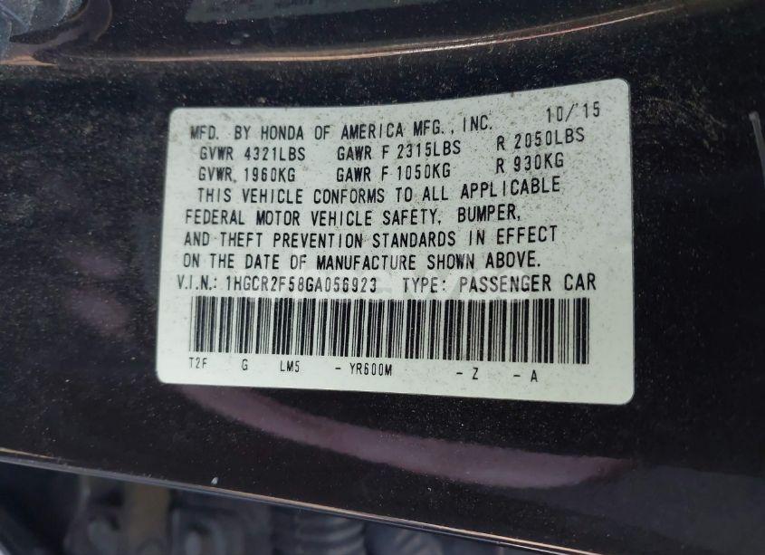 Photo 9 of 2016 Honda Accord SPORT (VIN 1HGCR2F58GA056923)