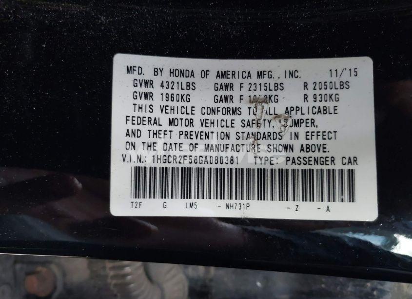 Photo 9 of 2016 Honda Accord SPORT (VIN 1HGCR2F58GA080381)