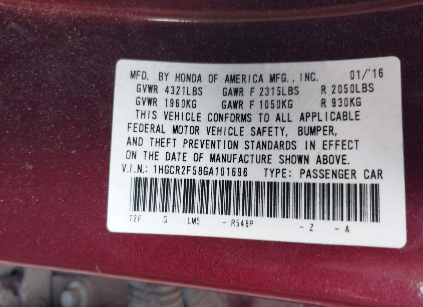 Photo 9 of 2016 Honda Accord SPORT (VIN 1HGCR2F58GA101696)