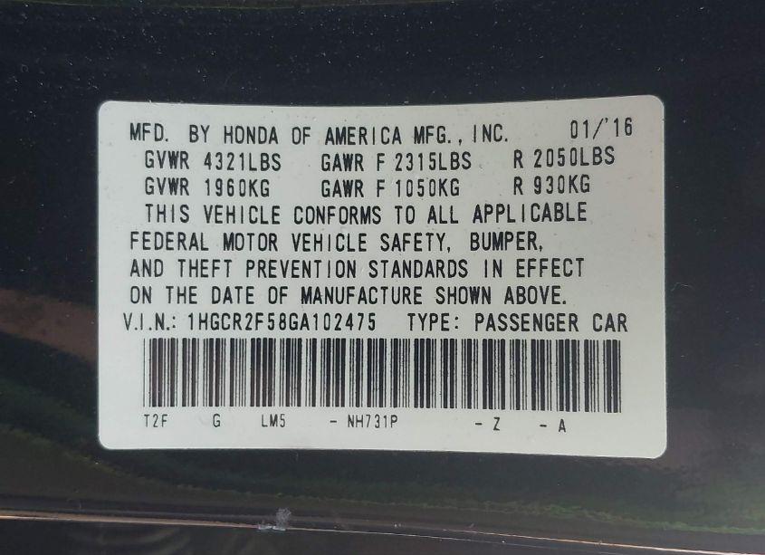 Photo 9 of 2016 Honda Accord SPORT (VIN 1HGCR2F58GA102475)