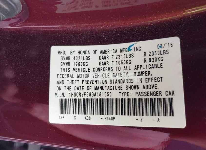 Photo 9 of 2016 Honda Accord SPORT (VIN 1HGCR2F58GA181050)