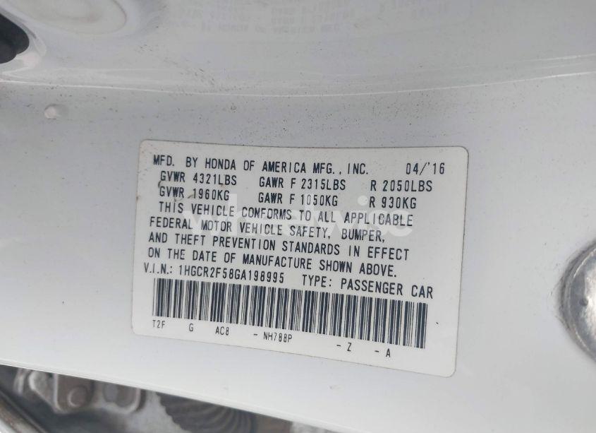 Photo 9 of 2016 Honda Accord SPORT (VIN 1HGCR2F58GA198995)