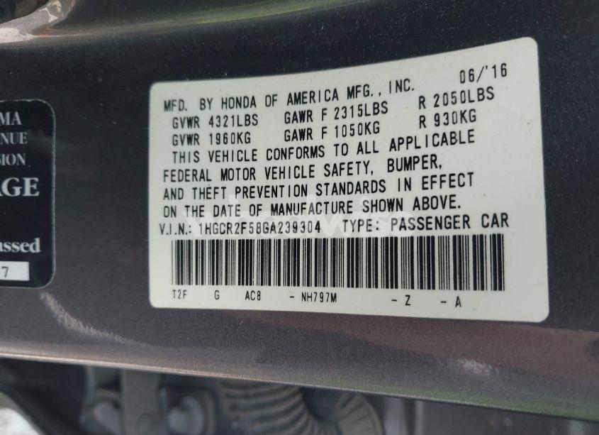 Photo 9 of 2016 Honda Accord SPORT (VIN 1HGCR2F58GA239304)