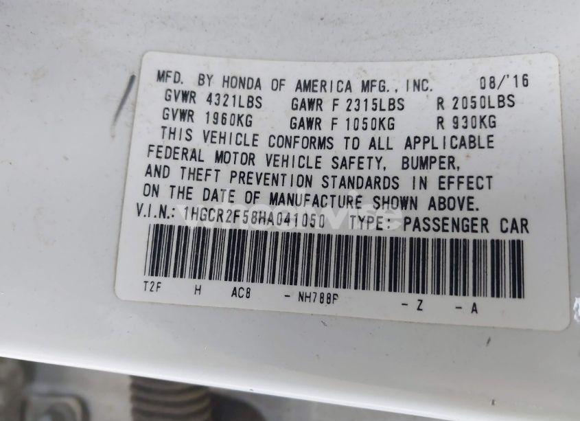 Photo 9 of 2017 Honda Accord SPORT (VIN 1HGCR2F58HA041050)