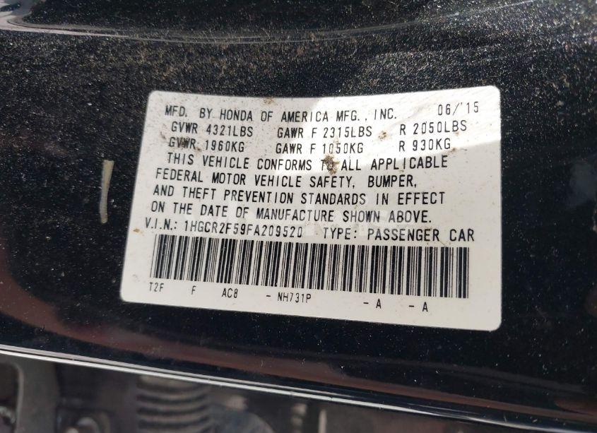 Photo 9 of 2015 Honda Accord SPORT (VIN 1HGCR2F59FA209520)