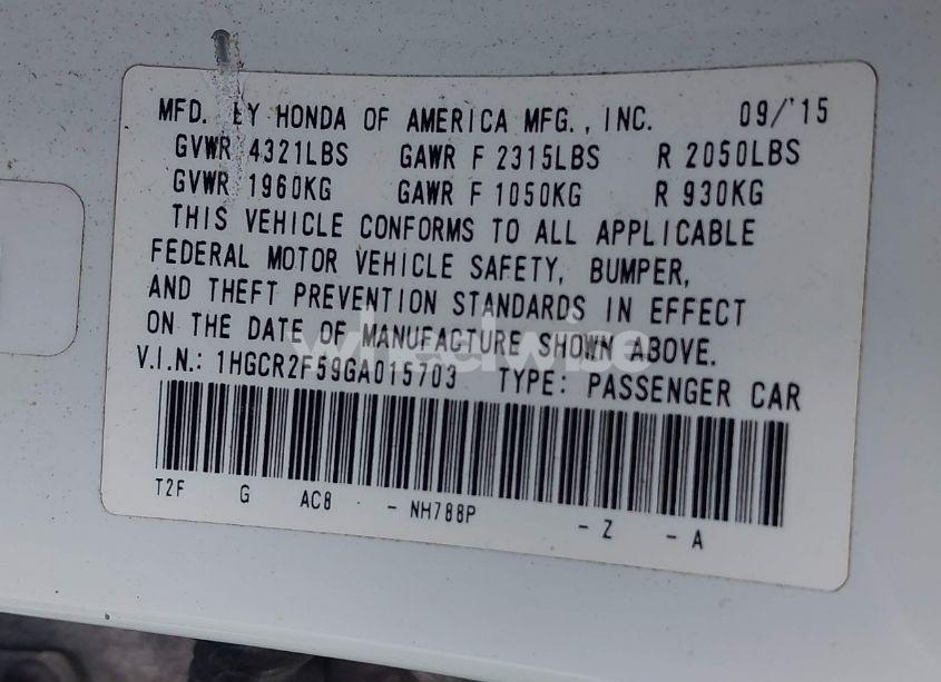 Photo 9 of 2016 Honda Accord SPORT (VIN 1HGCR2F59GA015703)