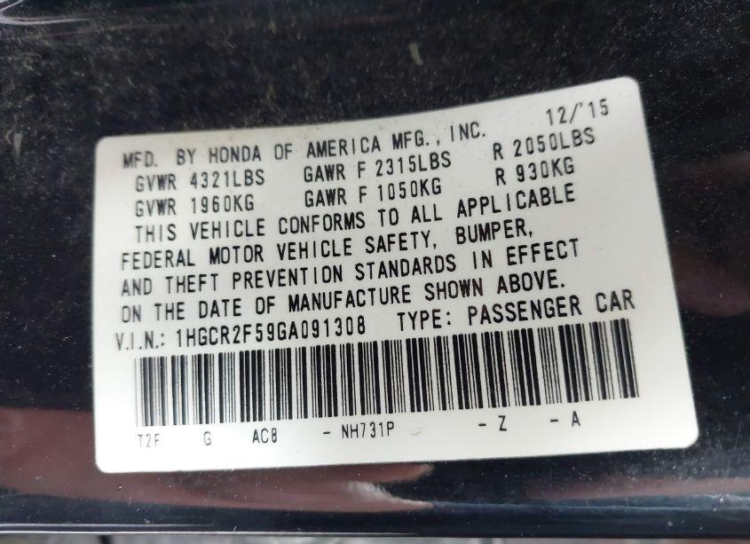 Photo 9 of 2016 Honda Accord SPORT (VIN 1HGCR2F59GA091308)