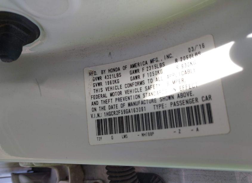 Photo 9 of 2016 Honda Accord SPORT (VIN 1HGCR2F59GA163091)