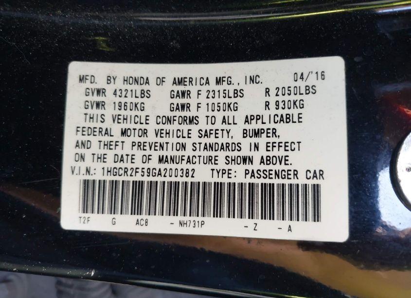 Photo 9 of 2016 Honda Accord SPORT (VIN 1HGCR2F59GA200382)