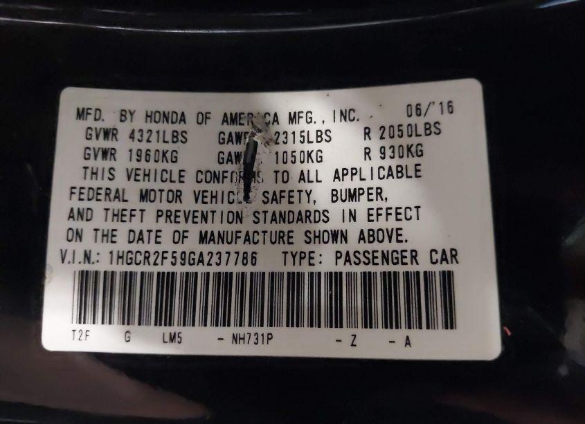 Photo 9 of 2016 Honda Accord SPORT (VIN 1HGCR2F59GA237786)