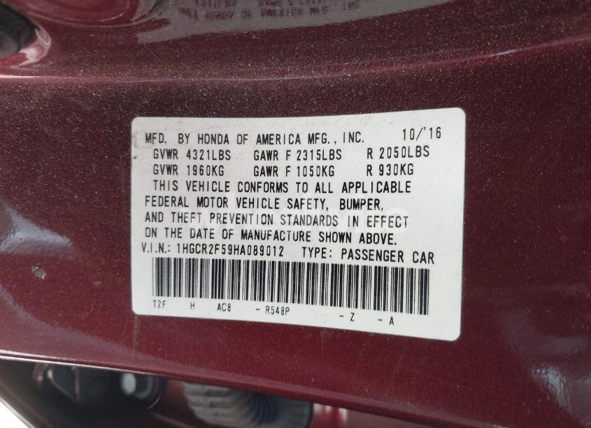 Photo 9 of 2017 Honda Accord SPORT (VIN 1HGCR2F59HA089012)