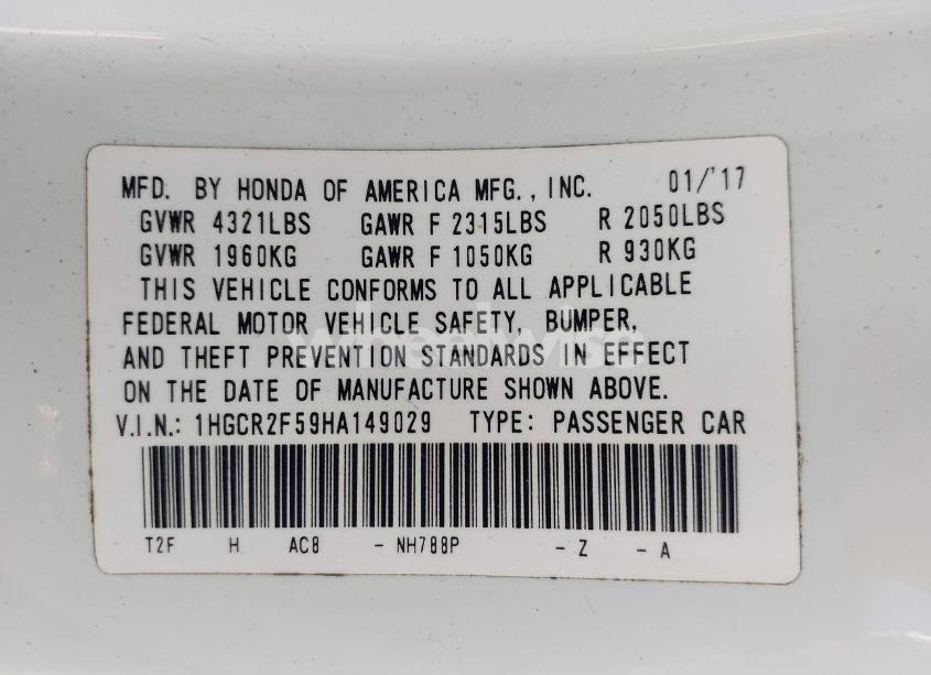 Photo 9 of 2017 Honda Accord SPORT (VIN 1HGCR2F59HA149029)