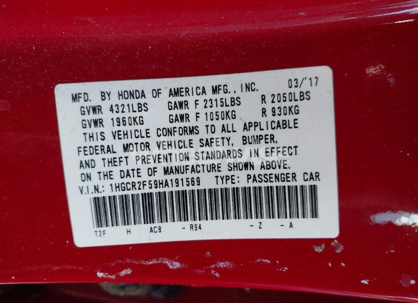 Photo 9 of 2017 Honda Accord SPORT (VIN 1HGCR2F59HA191569)