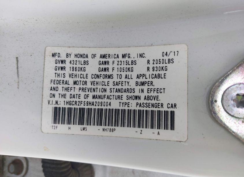 Photo 9 of 2017 Honda Accord SPORT (VIN 1HGCR2F59HA209004)