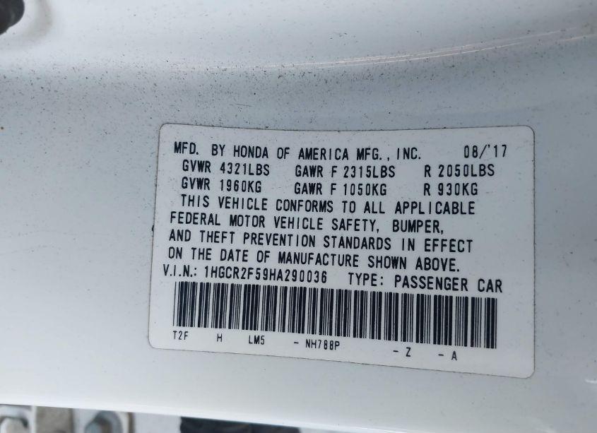 Photo 9 of 2017 Honda Accord SPORT (VIN 1HGCR2F59HA290036)