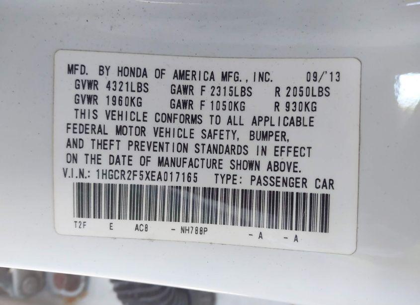 Photo 9 of 2014 Honda Accord SPORT (VIN 1HGCR2F5XEA017165)