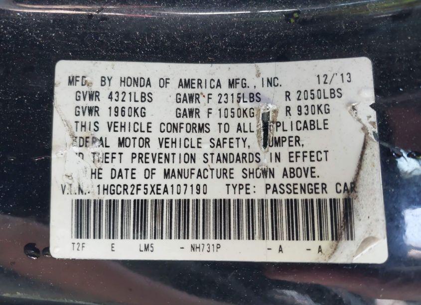 Photo 9 of 2014 Honda Accord SPORT (VIN 1HGCR2F5XEA107190)