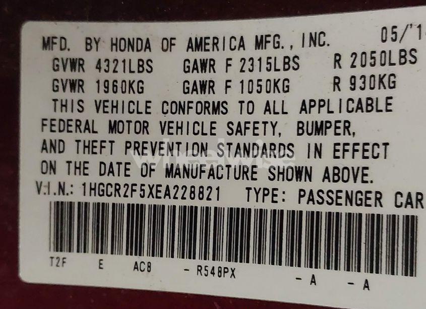 Photo 9 of 2014 Honda Accord SPORT (VIN 1HGCR2F5XEA228821)