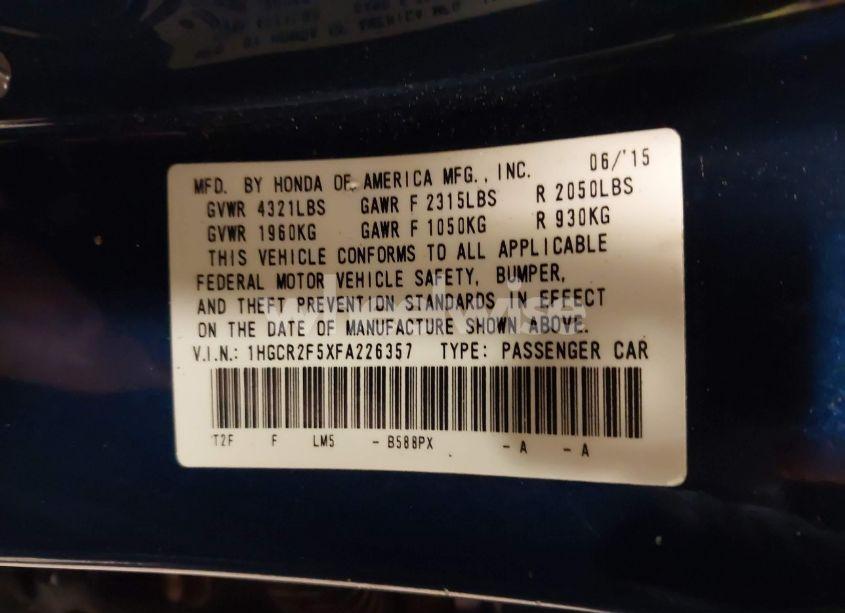 Photo 9 of 2015 Honda Accord SPORT (VIN 1HGCR2F5XFA226357)