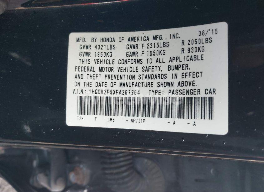 Photo 9 of 2015 Honda Accord SPORT (VIN 1HGCR2F5XFA267264)