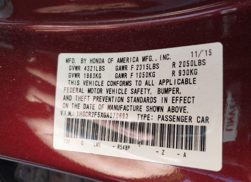 Photo 9 of 2016 Honda Accord SPORT (VIN 1HGCR2F5XGA070693)