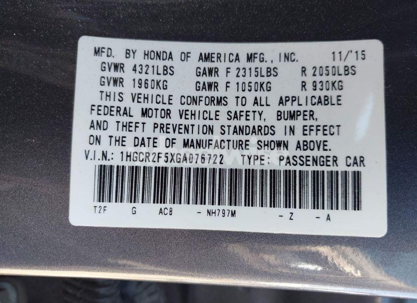 Photo 9 of 2016 Honda Accord SPORT (VIN 1HGCR2F5XGA076722)