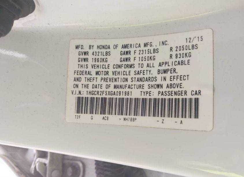 Photo 9 of 2016 Honda Accord SPORT (VIN 1HGCR2F5XGA091981)