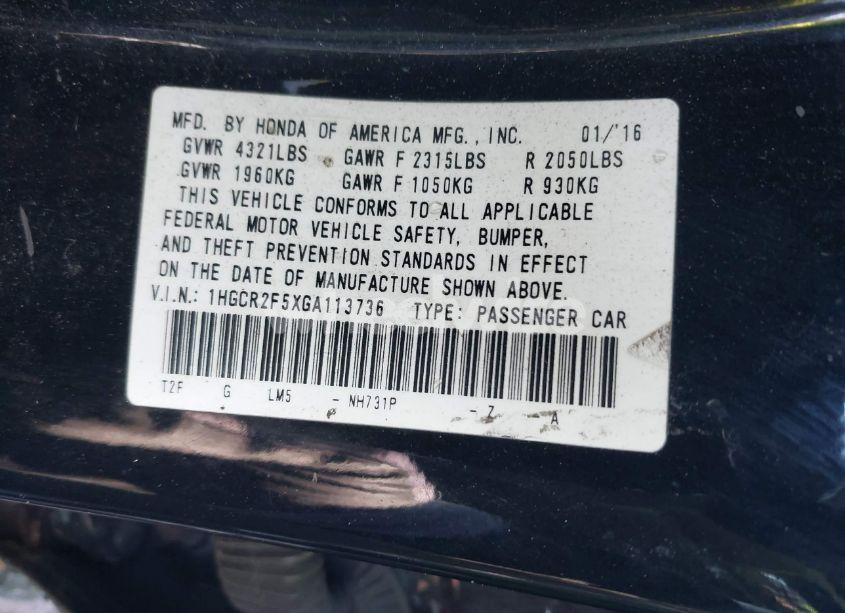 Photo 9 of 2016 Honda Accord SPORT (VIN 1HGCR2F5XGA113736)