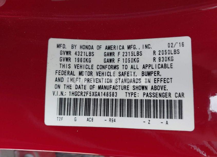 Photo 9 of 2016 Honda Accord SPORT (VIN 1HGCR2F5XGA148583)