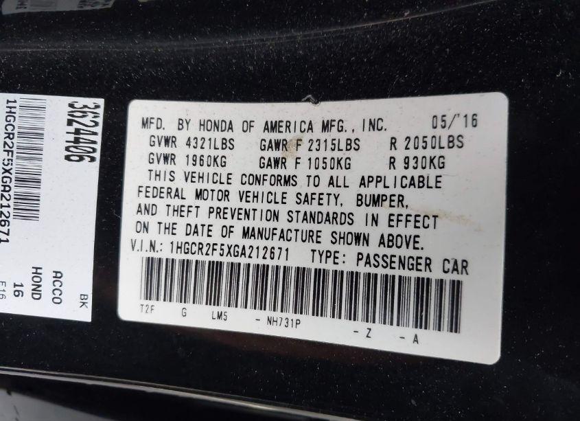 Photo 9 of 2016 Honda Accord SPORT (VIN 1HGCR2F5XGA212671)