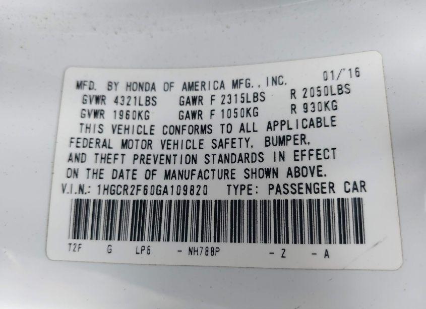 Photo 9 of 2016 Honda Accord SPORT (VIN 1HGCR2F60GA109820)