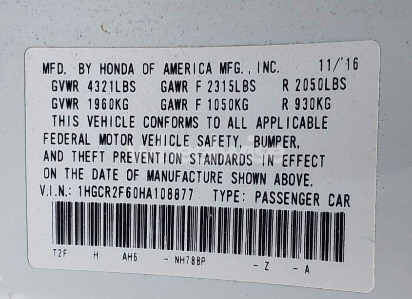 Photo 9 of 2017 Honda Accord SPORT (VIN 1HGCR2F60HA108877)