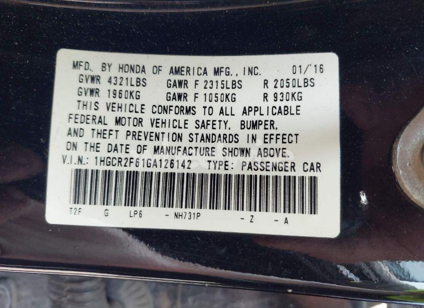 Photo 9 of 2016 Honda Accord SPORT (VIN 1HGCR2F61GA126142)